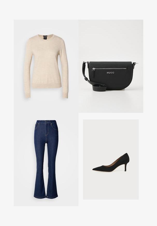 BOSS FERPINA - Pullover - light beige; Jean flare bleu foncé en denim avec une taille haute, présentant des poches avant, des coutures contrastées et une fermeture à bouton.; Escarpin en daim noir à bout pointu, talon aiguille de hauteur moyenne et semelle intérieure beige sur fond clair.; Sac en cuir noir à bandoulière de forme arrondie, avec une poche zippée en argent et un logo de marque. Il dispose d'une bandoulière réglable pour plus de polyvalence.