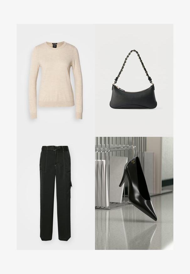 BOSS FERPINA - Strickpullover - light beige; Schwarze Cargo-Hosen mit einem eng anliegenden Bund, Gürtelschlaufen, mehreren Taschen, sichtbaren Steppnähten und einem lockeren, geraden Bein.; Schwarzer High-Heel-Schuh mit spitzer Zehe und goldem Logo, auf einer reflektierenden Oberfläche nahe einem verchromten Draht-Organizer mit Dokumenten positioniert.; Schwarze Lederschultertasche mit gewölbter rechteckiger Form, goldener Kette, die in den geflochtenen schwarzen Riemen eingewebt ist, und Reißverschlussverschluss oben.