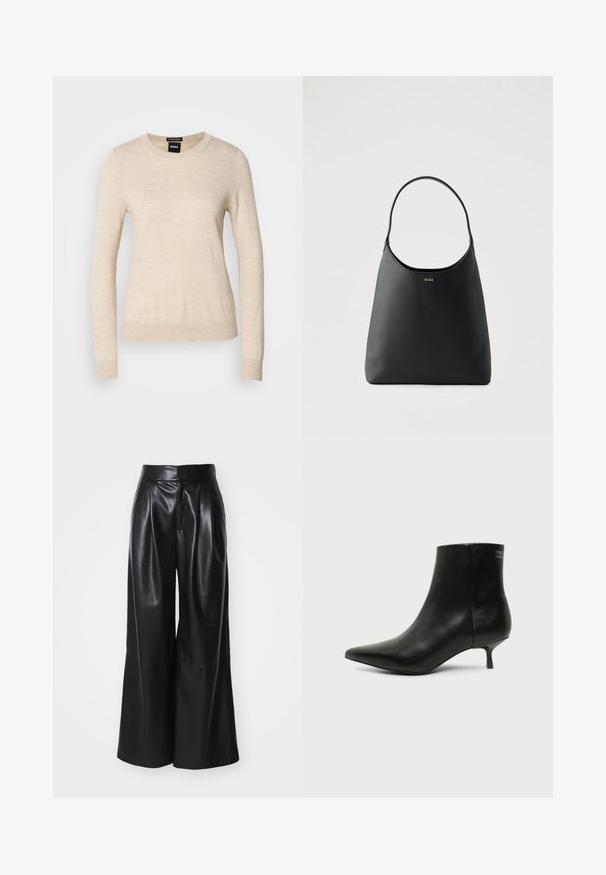 BOSS FERPINA - Striktrøje - light beige; Sorte faux læder brede bukser med høj talje, plisseret foran og glat tekstur. Har et rent, minimalistisk design.; Sort læder ankelstøvle med spids tå og lav kitten hæl på lys baggrund, der viser yderside.; Sort læderhåndtaske med enkelt buet håndtag, glat tekstur og et diskret logo foran. Minimalistisk design og rummeligt indre.