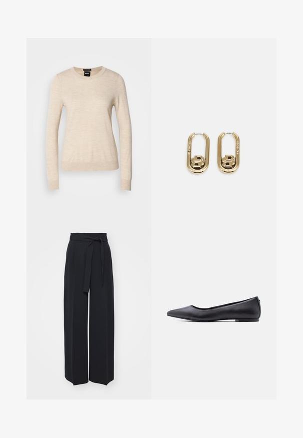 BOSS FERPINA - Pullover - light beige; Pantalons noirs à jambes larges en tissu doux. Dotés d'une taille ceinturée et de plis avant. Texture lisse avec un design épuré et contemporain.; Chaussure plate en cuir noire à bout pointu avec petit talon, vue de profil sur fond blanc.; BOSS DOUBLE B SWING - Boucles d'oreilles - gold-coloured