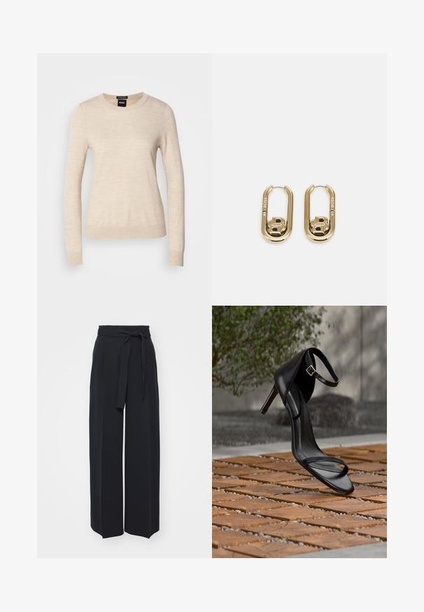 BOSS FERPINA - Džemper - light beige; Laiad mustad püksid pehmest kangast. Omavad vöökohta, millel on vöö ja eesplekid. Sile tekstuur koos puhta ja kaasaegse disainiga.; Mustad kõrge kontsaga sandaal pahkluu rihmaga näib rippuvat puidust plaatide põranda kohal õues, taustal udune rohelus ja kivimüür.; BOSS DOUBLE B SWING - Kõrvarõngad - gold-coloured