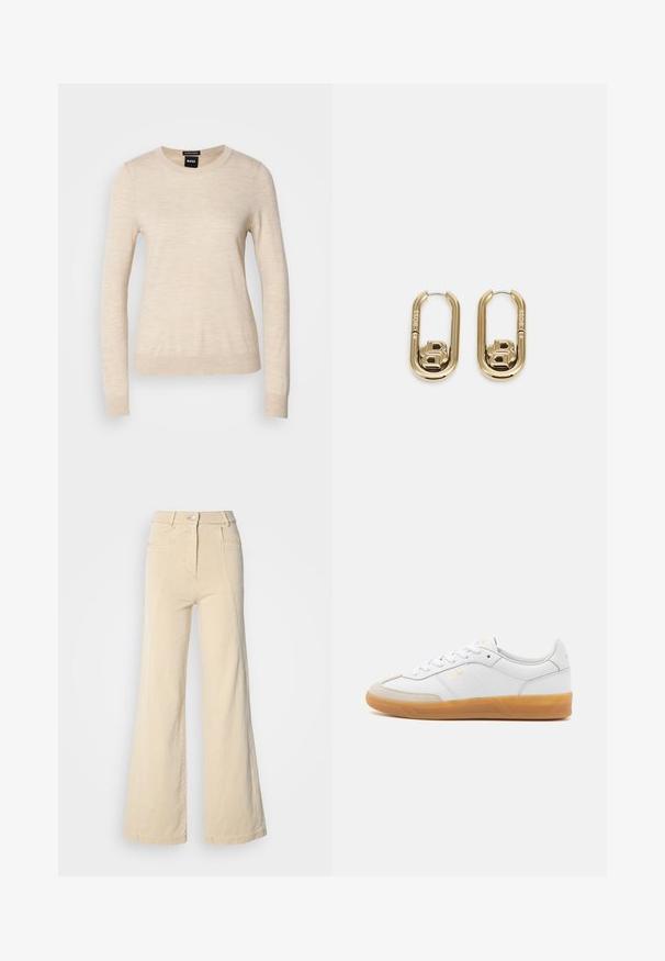 BOSS FERPINA - Svetrík - light beige; Béžové široké džínsy s vysokým pásom, prednými vreckami a kontrastným šitím, so zapínaním na gombík a hladkou bavlnenou textúrou.; Biele kožené tenisky s béžovými semišovými detailmi, gumenou podrážkou a šiškami na viazanie. Obsahujú jemné značkovanie v zlatej farbe.; BOSS DOUBLE B SWING - Náušnice - gold-coloured