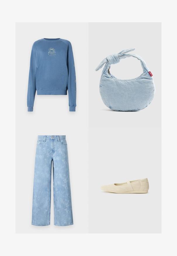 Blå crewneck sweatshirt lavet af blødt stof. Den har et grafisk design på forsiden med tekst og solmotiver på ærmerne.; Lysblå wide-leg jeans med et falmet blomstertryk, fem lommer og en knaplukning i taljen. Denimstof med let struktur.; Lysebrune ballet flats med en glat læderoverflade, mandelformet tå og elastisk rem over vristen, med diskrete syninger.; Lyseblå denim skuldertaske med knudedetalje på håndtaget og en lille rød Levi's-mærkat på siden.