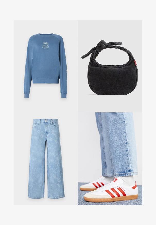 Blå crewneck sweatshirt lavet af blødt stof. Den har et grafisk design på forsiden med tekst og solmotiver på ærmerne.; Lysblå wide-leg jeans med et falmet blomstertryk, fem lommer og en knaplukning i taljen. Denimstof med let struktur.; Hvide lædersneakers med røde striber og accenter. Har en tekstureret gummisål og polstret krave. Bæres med lyseblå denim.; Lille sort denim skuldertaske med knyttet rem og lynlåslukning, med en rød Levi's stofetiket på siden.