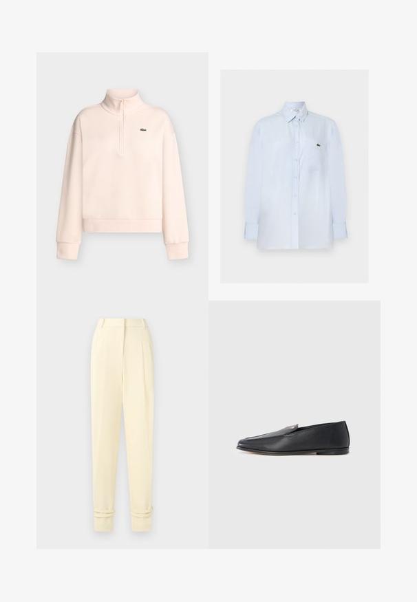 Sweat-shirt rose clair à manches longues avec col montant zippé et petit logo crocodile vert sur la poitrine gauche.; Chemise bleu clair à manches longues avec boutons, poche poitrine et petit logo crocodile vert sur la poche.; Pantalon tailleur crème taille haute avec plis, jambes fuselées et revers roulés aux chevilles, présenté sur un fond uni.; Mocassins en cuir noir à texture lisse, bout arrondi et détails de couture subtils. Ils présentent un accent logo doré sur le côté supérieur.