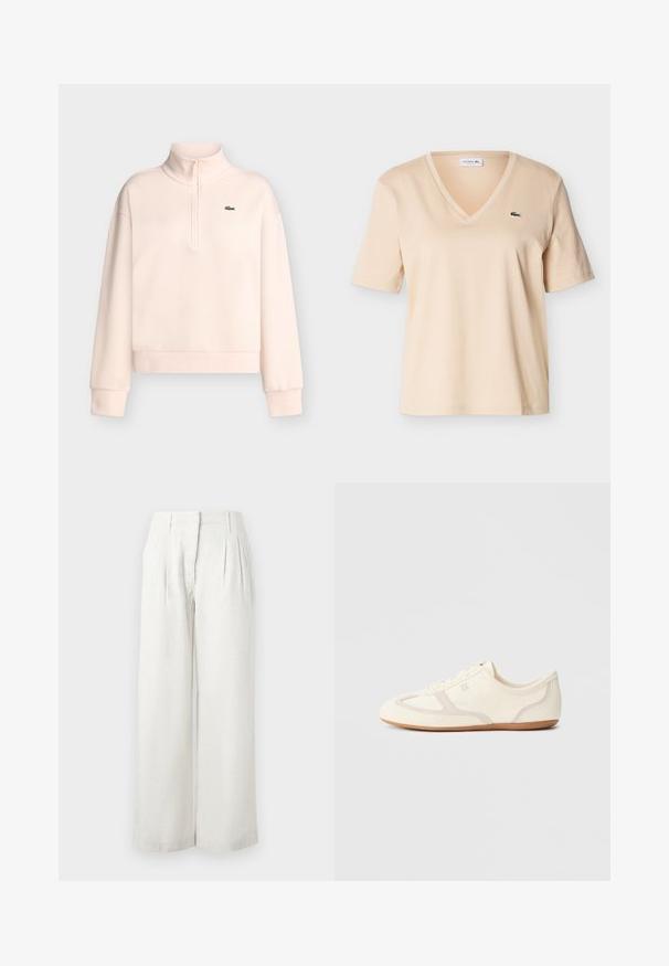 Sweat-shirt rose clair à manches longues avec col montant zippé et petit logo crocodile vert sur la poitrine gauche.; T-shirt beige à col en V et manches courtes, avec petit logo crocodile vert sur le côté gauche de la poitrine, présenté sur un fond uni.; Pantalon large beige clair en tissu texturé, avec plis à l'avant et taille haute. Surface lisse avec peu de détails.; Baskets couleur crème avec une tige en daim et tissu, un bout arrondi, et une semelle en caoutchouc avec un détail accent beige. Fermeture à lacets.