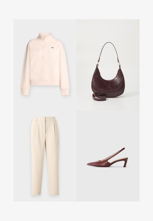 Sweat-shirt rose clair à manches longues avec col montant zippé et petit logo crocodile vert sur la poitrine gauche.; Pantalons beiges ajustés à coupe droite, avec des plis à l'avant et une finition lisse. Le tissu semble léger et texturé.; Escarpins bordeaux à bride arrière avec un bout pointu, des découpes sur le côté et un talon bloc de hauteur moyenne. Finition en cuir lisse.; Sac à épaule en cuir bourgogne avec une forme incurvée, fermeture éclair et une sangle détachable. Présente une texture lisse et des accents en métal doré.