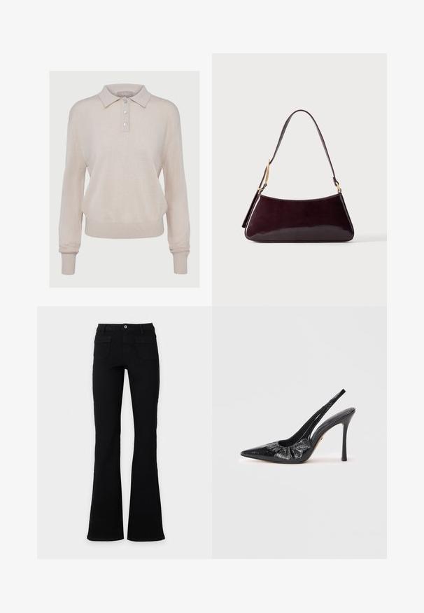 Beige strikket polo-sweater med lange ærmer, knaplukning, ribbede manchetter og kant, med en blød tekstur og afslappet pasform.; Sorte højtaljede flare jeans med forlommer, bæltestropper og knaplukning, vist mod en ensfarvet hvid baggrund.; Sorte læder slingback stiletter med spids tå, samlede tekstur foran og en høj stilettohælh.; Mørkebrun, blank læderhåndtaske med enkelt skulderrem og guldfarvede hardwaredetaljer mod en ensfarvet baggrund.