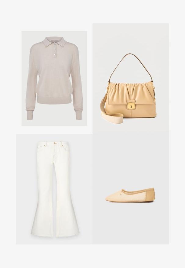 Beige strikket polo-sweater med lange ærmer, knaplukning, ribbede manchetter og kant, med en blød tekstur og afslappet pasform.; Hvide flare jeans med høj talje, lavet af denim. Funktionen inkluderer topstikninger og for- lommer. Glat tekstur med et struktureret design.; Beige ballerina flade med spids tå, sløjfedetalje og elastisk kant. Glat materiale og minimalistisk design, flad sål.; Beige Marc Jacobs læder skuldertaske med rynket klap, guldfarvet lås og aftagelig bred stofrem på ensfarvet baggrund.