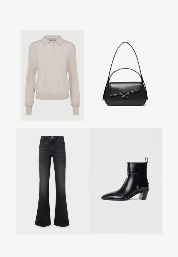Pull polo en tricot beige à manches longues, col boutonné, poignets et ourlet côtelés, avec une texture douce et une coupe décontractée.; Jean en denim noir taille haute avec jambes évasées, fermeture avant par bouton et zip, et style cinq poches.; Bottine en cuir noir avec un bout pointu, un talon empilé géométrique et une languette à l'arrière. Texture lisse et design épuré.; Sac à bandoulière en cuir noir avec un rabat incurvé fermé par un fermoir métallique rond et une sangle fine et ajustable.