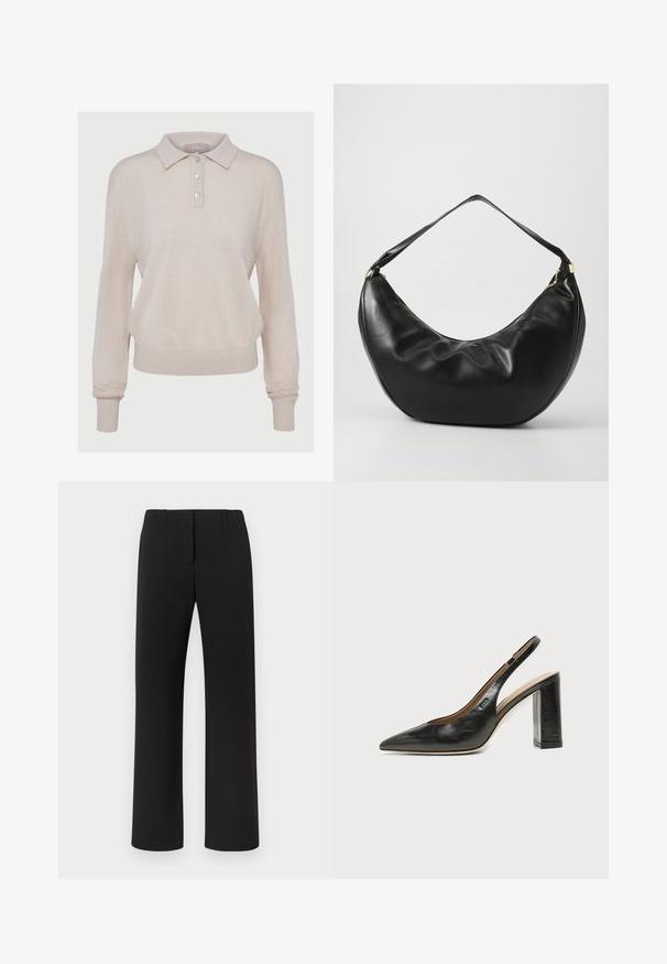Beige strikket polo-sweater med lange ærmer, knaplukning, ribbede manchetter og kant, med en blød tekstur og afslappet pasform.; Sorte bukser med lige ben, der har en glat tekstur, skjult frontlukning og to forlommer.; Sort læder peep-toe slingback sko med høj blokhæl og beige indvendig foring mod en ensfarvet lys baggrund.; Sort læder skuldertaske med en buet form, blød tekstur og en enkelt rem; har en guldbeslået lynlås og diskret branding.