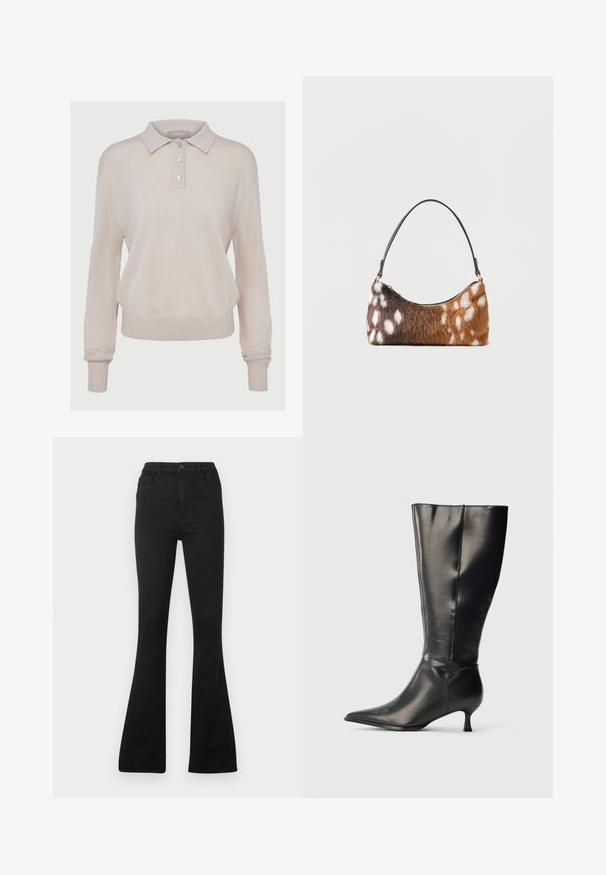 Beige strikket polo-sweater med lange ærmer, knaplukning, ribbede manchetter og kant, med en blød tekstur og afslappet pasform.; Sorte vide jeans lavet af denim med en glat tekstur. Bemærkelsesværdige detaljer inkluderer små nitteaccenter foran. Knappelukning ved taljen.; Sort knæhøj læderstøvle med spids tå og lav kittenhæl, vist på en enkel lys baggrund.; Skuldertaske med brun og hvid pletmønstret imiteret pels og en tynd sort rem, vist på en hvid baggrund.
