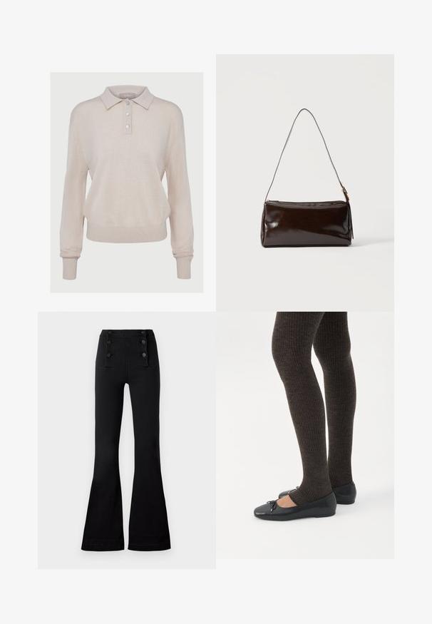 Pull polo en tricot beige à manches longues, col boutonné, poignets et ourlet côtelés, avec une texture douce et une coupe décontractée.; Pantalons évasés noirs en denim avec une taille haute, ornés de quatre boutons décoratifs à l'avant et d'une texture lisse.; Jambes portant des leggings côtelés foncés associés à des ballerines noires avec de petits détails en nœud sur fond blanc.; Sac à bandoulière rectangulaire en cuir marron foncé avec une seule sangle fine et une boucle dorée sur un fond uni.