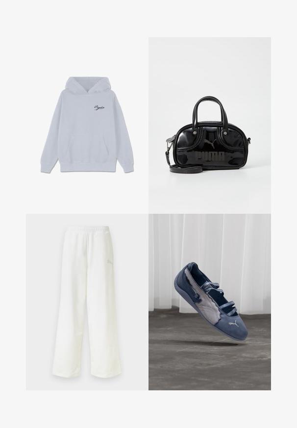 Sudadera gris claro de mezcla de algodón, con un bolsillo tipo canguro en la parte delantera, capucha con cordones y un pequeño logo en cursiva negra en el pecho.; Pantalones deportivos blancos de corte holgado con cintura elástica y un logo sutil en el lateral del muslo derecho.; Zapato plano Puma azul y gris con tres tiras elásticas, panel lateral texturizado y logo blanco de Puma, suspendido sobre un suelo de hormigón.; Bolso de mano de charol negro con dos asas superiores, correa para el hombro desmontable, forma redondeada y destacado logo en relieve de "PUMA".
