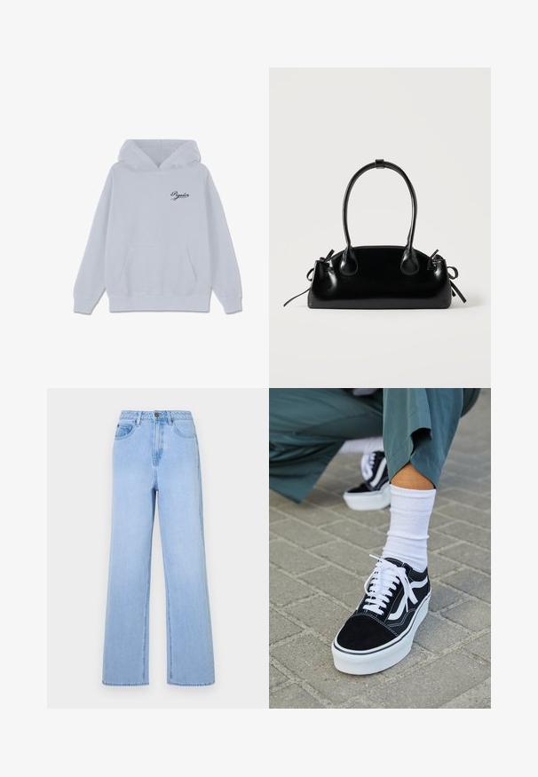 Lichtgrijze hoodie van een katoenmix, met een voorste kangoeroezak, een capuchon met trekkoord en een klein zwart cursief logo op de borst.; Lichtblauwe high-waisted jeans met een wijd uitlopende pasvorm, gemaakt van denim. Kenmerkt zich door opvallende stiksels en een vijf-pocket styling.; Zwarte suède sneaker met witte accenten en veters, uitgerust met een dikke witte zool en contrasterende stiksels, gecombineerd met een witte sok.; Kleine zwarte glanzende handtas met twee lange hengsels en zijkant trekkoord details op een effen lichte achtergrond.