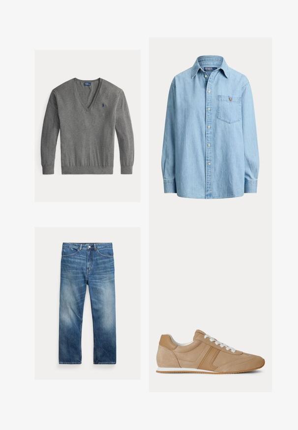 Pull gris pour homme en V à manches longues avec petit logo bleu brodé sur la poitrine gauche.; Chemise en denim bleu clair à manches longues avec boutons sur le devant et poche poitrine avec un petit logo brodé sur la poche.; Jean en denim bleu délavé avec une coupe droite, poches avant, passants de ceinture et détails délavés aux cuisses et aux genoux.; Baskets basses en suède et cuir marron clair avec lacets blancs et semelle en caoutchouc blanc vues de profil sur fond blanc.