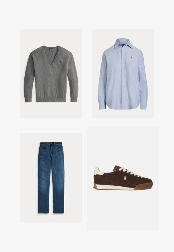 Pull gris pour homme en V à manches longues avec petit logo bleu brodé sur la poitrine gauche.; Chemise bleu clair à manches longues avec boutons, col pointu et petit logo brodé sur la poitrine gauche.; Jean droit en denim bleu avec cinq poches, fermeture par bouton, et une légère décoloration aux cuisses et aux genoux, posé à plat sur un fond blanc.; Baskets en daim marron avec lacets blancs, talon blanc contrastant, semelle en caoutchouc et logo brodé sur le côté. Design classique à tige basse.