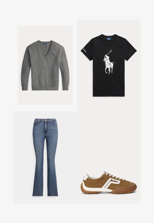 Pull gris pour homme en V à manches longues avec petit logo bleu brodé sur la poitrine gauche.; T-shirt noir à manches courtes avec un joueur de polo blanc à cheval au centre et le texte ""Polo"" sur la manche gauche.; Jean en denim bleu évasé avec une taille haute, doté de cinq poches, de surpiqûres contrastantes et d'une texture lisse.; Baskets en daim marron avec des accents blancs, des lacets blancs et le logo "Polo" sur le côté et le talon, montrant le profil extérieur.