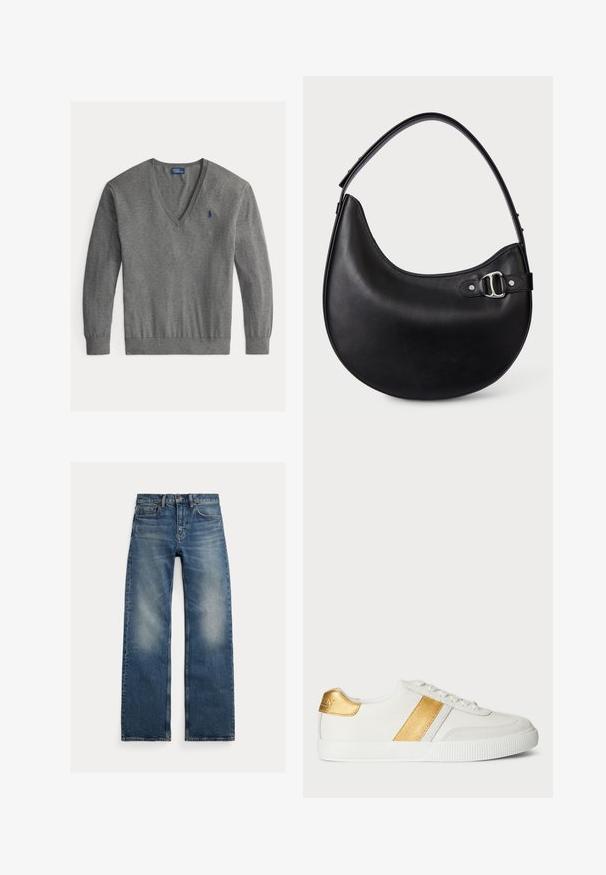 Grauer Herrenpullover mit V-Ausschnitt, langen Ärmeln und kleinem blau besticktem Logo auf der linken Brust.; Blaue Jeans mit geradem Bein, ausgewaschenen Bereichen an den Oberschenkeln, Fünf-Taschen-Design und Knopfverschluss, flach auf weißem Hintergrund.; Weiße Sneakers aus synthetischem Material, mit einem metallisch goldenen Streifen und einem Akzent an der Ferse, ausgestattet mit einer strukturierten Gummisohle.; Schwarze, halbmondförmige Lederhandtasche mit einem verstellbaren Schulterriemen und silberner Schnalle an der Seite.