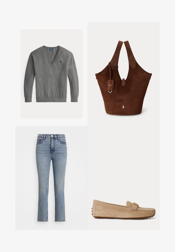 Pull gris pour homme en V à manches longues avec petit logo bleu brodé sur la poitrine gauche.; Jeans en denim bleu clair avec une taille haute, des jambes droites et un léger usure. Comprend un bouton en métal et des coutures contrastées.; Mocassin beige en daim à enfiler avec des détails cousus, une boucle en métal doré sur le dessus et une semelle en caoutchouc avec des crampons antidérapants.; Sac fourre-tout en daim marron avec larges poignées, fermeture à bouton sur le devant et petit logo Polo Ralph Lauren près du centre en bas.