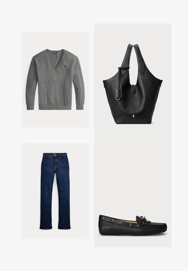 Herre grå V-hals sweater med lange ærmer og lille blåt broderet logo på venstre bryst.; Mørkeblå straight-leg jeans med frontknap og lynlås, fem-lomme design og synlige syninger.; Sort læderloafersko med gyldne øjer, snøret sløjfe og gummistøbt sål, vist fra siden på en hvid baggrund.; Sort læder tote taske med en pebret tekstur, buet top, dobbelte håndtag og sølvlogo detalje på fronten. Har en aftagelig rem.