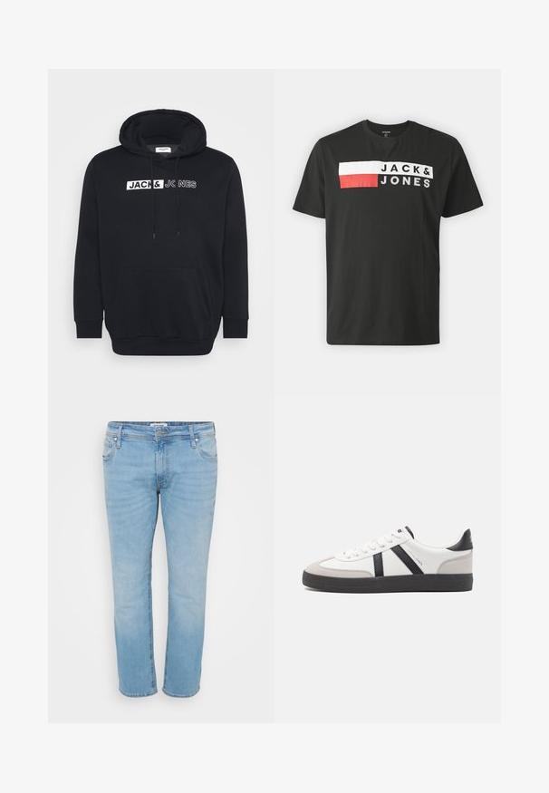 Sort hættetrøje lavet af en blanding af bomuld, med en stor frontlomme, justerbar hætte og hvidt mærketekst på brystet.; Sort bomulds T-shirt med korte ærmer, der har et horisontalt grafikdesign i rød, hvid og sort, der viser teksten "JACK & JONES".; Lyseblå denim jeans med lige ben, fem lommer, diskret falmning og knaplukning. Syning på lommerne.; Hvide sneakers med sorte og grå detaljer, med en tekstureret grå tåhætte, sort gummisål og flade hvide snørebånd. Rent design, minimalistisk stil.