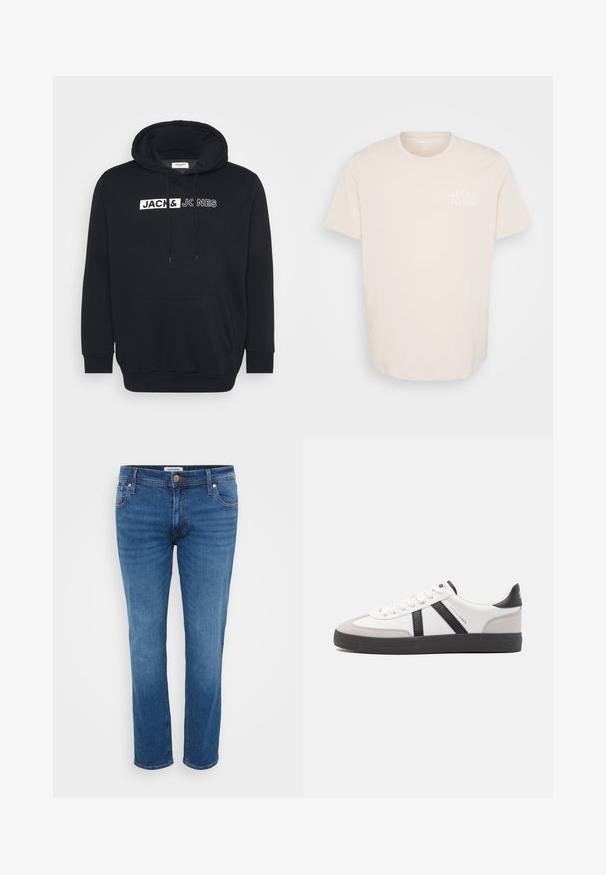 Sort hættetrøje lavet af en blanding af bomuld, med en stor frontlomme, justerbar hætte og hvidt mærketekst på brystet.; Lys beige bomulds T-shirt med rund halsudskæring, korte ærmer og et lille hvidt logo på venstre brystområde. Glat tekstur.; Denim jeans i en mellemblå farve, med et lige ben-design, fem lommer og en knaplukning ved taljen.; Hvide sneakers med sorte og grå detaljer, med en tekstureret grå tåhætte, sort gummisål og flade hvide snørebånd. Rent design, minimalistisk stil.