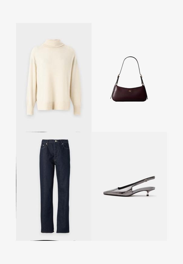 Hellbeige Rollkragenpullover aus weichem Stoff. Verfügt über Raglanärmel sowie gerippte Bündchen und Saum. Einfaches, schmuckloses Design.; Dunkelblaue Jeans aus Denim mit geradem Schnitt, ausgestattet mit einem Knopf- und Reißverschluss, Fünf-Taschen-Design und kontrastierenden Nähdetails.; Metallic-grauer Slingback-Schuh mit spitzer Schuhspitze, niedrigem Kittenabsatz und verstellbarem Riemen auf weißem Hintergrund.; Dunkelburgunderfarbene Lederhandtasche mit schmalem schwarzem Schulterriemen und kleinem goldenem "cK" Logo vorne in der Mitte.