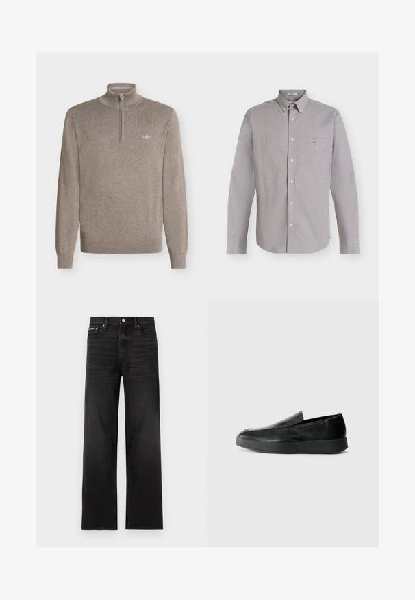 Pull à manches longues couleur taupe avec une demi-fermeture éclair et un petit logo brodé sur la poitrine gauche.; Chemise à manches longues boutonnée avec petit motif à carreaux noir et blanc et une poche poitrine sur fond clair.; Jean noir droit avec cinq poches, passants pour ceinture et fermeture par bouton, présenté sur un fond blanc.; Calvin Klein HYBRID CUP - Chaussons - triple black