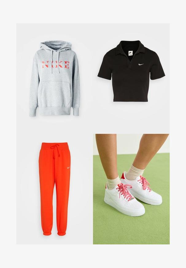 Sudadera gris con capucha, que presenta "NIKE" en texto rojo negrita y "SPORTSWEAR" en texto blanco más pequeño. Incluye un bolsillo frontal tipo canguro.; Polo negro recortado de algodón con un collar tradicional y mangas cortas. Presenta un logo de Nike en blanco en el lado izquierdo del pecho.; Nike Sportswear W PHNX FLC HR OS - Pantalones deportivos - picante red/sail; Zapatillas de cuero blancas con acentos rojos y cordones a rayas, con una parte superior perforada y suela de goma, exhibidas contra un fondo verde.