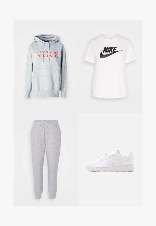 Grå sweatshirt med hætte, prydet med "NIKE" i fed rød tekst og "SPORTSWEAR" i mindre hvid tekst. Inkluderer en frontkangaroo-lomme.; Hvid bomulds t-shirt med rund hals, korte ærmer, og et stort sort Nike-logo trykt på tværs af brystet. Glat tekstur og afslappet design.; Lys grå sweatpants med snor i taljen, tapered ben og et lille hvidt logo på venstre lår. Fremstillet af et blødt, tekstureret stof.; Lavtop hvid sneaker med perforeret tå, snørelukning, tekstureret sål og et diskret swoosh-logo på siden.