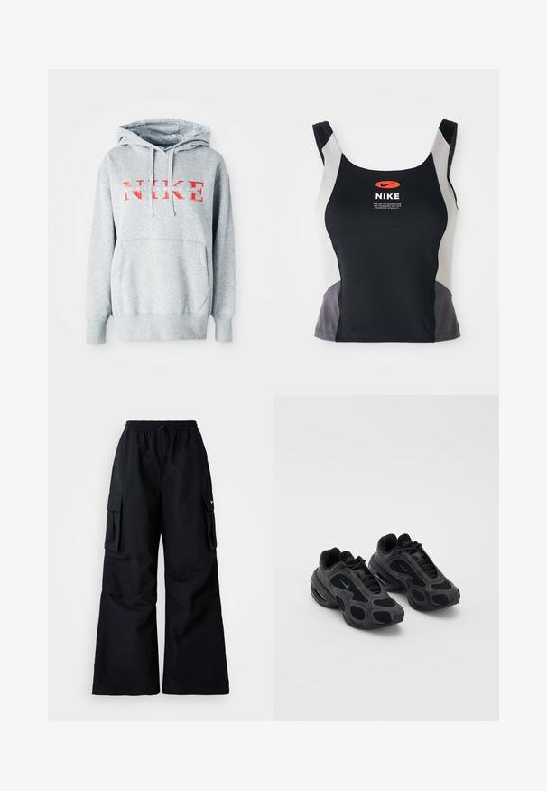 Sudadera gris con capucha, que presenta "NIKE" en texto rojo negrita y "SPORTSWEAR" en texto blanco más pequeño. Incluye un bolsillo frontal tipo canguro.; Camiseta deportiva negra y gris con escote redondo, tirantes estrechos y un logotipo de Nike naranja en el centro impreso en la parte delantera.; Pantalones cargo negros de pierna ancha, con cinturilla elástica, cordón ajustable y dos bolsillos laterales. Hechos de un tejido suave y ligero.; Zapatillas Nike negras con paneles de malla y gamuza, cortes únicos y cuellos acolchados. Los acentos brillantes en los costados destacan un diseño moderno.