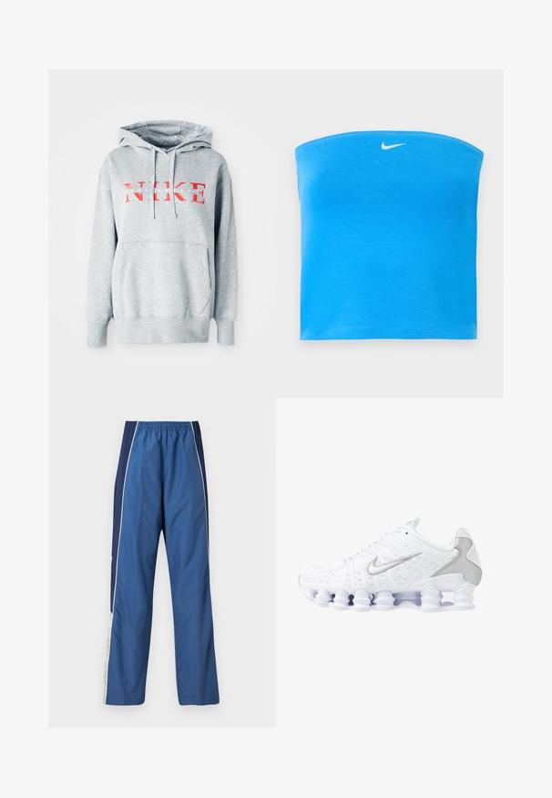 Grå sweatshirt med hætte, prydet med "NIKE" i fed rød tekst og "SPORTSWEAR" i mindre hvid tekst. Inkluderer en frontkangaroo-lomme.; Lyseblå Nike tube top uden stropper med hvid Swoosh-logo centreret nær den øverste kant.; Blå træningsbukser med en let og glat tekstur. Elastisk talje, kontrastfuld mørkeblå sidepanel og hvide accentstriber.; Hvide atletiske sko med mesh-overdel, sølvfarvede detaljer og et unikt spiral-såledesign. Har polstret krave og snørebåndslukning for en god pasform.