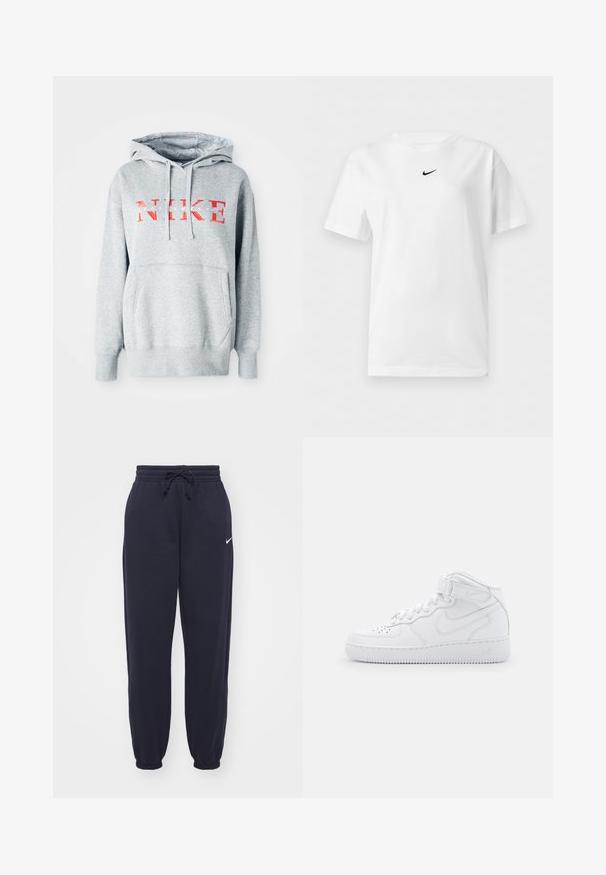 Grå sweatshirt med hætte, prydet med "NIKE" i fed rød tekst og "SPORTSWEAR" i mindre hvid tekst. Inkluderer en frontkangaroo-lomme.; Hvid t-shirt med korte ærmer og rund halsudskæring med et lille sort Nike Swoosh-logo centreret nær kraven.; Nike joggingbukser i navyblå, lavet af blødt materiale. Har en elastisk talje med snor og manchetter ved anklerne. Lille hvidt logo accenter.; Hvide høj-top sneakers lavet af læder med polstret krave, perforeret tå, snørebånd og justerbar ankelrem; logo på siden.