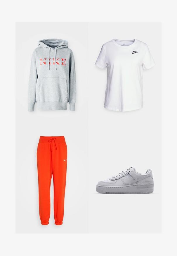 Sweatshirt gris avec capuche, arborant "NIKE" en texte rouge en gras et "SPORTSWEAR" en texte blanc plus petit. Comprend une poche kangourou à l'avant.; T-shirt en coton blanc avec un col rond et des manches courtes. Présente un logo Nike noir dans la partie supérieure gauche de la poitrine.; Nike Sportswear W PHNX FLC HR OS - Pantalon de survêtement - picante red/sail; Basket en cuir lisse gris Nike Air Force 1 avec un bout perforé, une semelle épaisse et un détail 'AIR' en relief sur le talon.