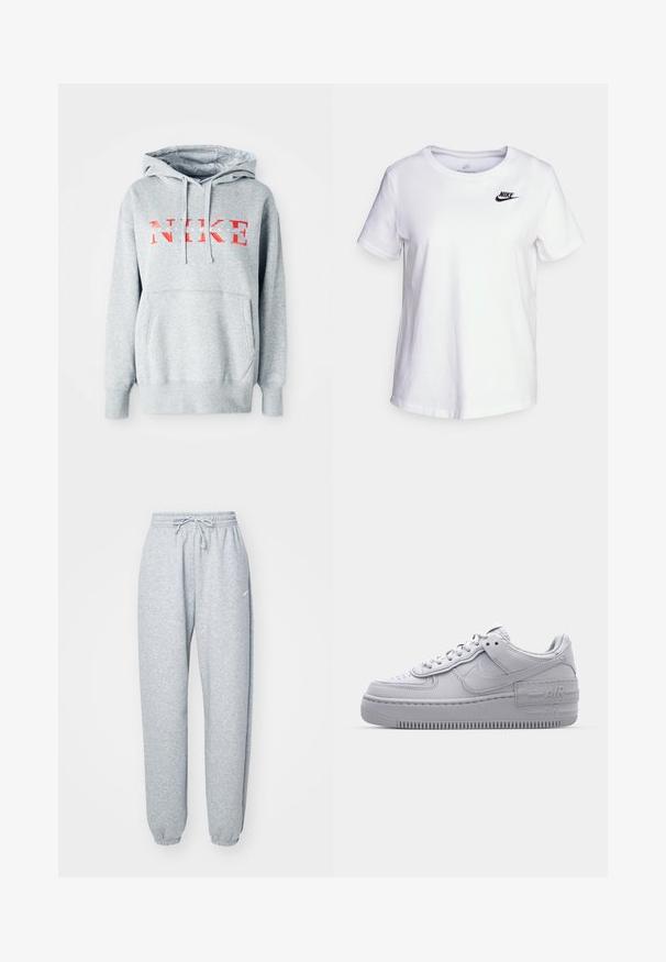 Sudadera gris con capucha, que presenta "NIKE" en texto rojo negrita y "SPORTSWEAR" en texto blanco más pequeño. Incluye un bolsillo frontal tipo canguro.; Camiseta de algodón blanca con cuello redondo y mangas cortas. Presenta un logotipo negro de Nike en la parte superior izquierda del pecho.; Pantalones de chándal gris claro hechos de una suave mezcla de algodón, con cintura elástica y cordón, perneras ajustadas y puños acanalados. Detalles de marca mínimos.; Zapatilla Nike Air Force 1 gris con puntera perforada, parte superior de cuero suave, suela gruesa y detalle en relieve 'AIR' en el talón.