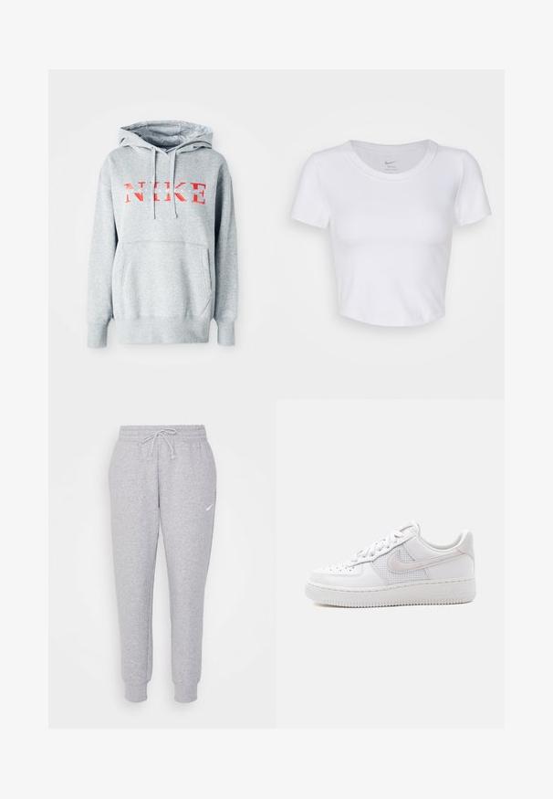 Grå sweatshirt med hætte, prydet med "NIKE" i fed rød tekst og "SPORTSWEAR" i mindre hvid tekst. Inkluderer en frontkangaroo-lomme.; Hvid, kortærmet crop top lavet af glat, syntetisk materiale. Har en rund halsudskæring og Nike-logoet indeni kraven.; Lys grå sweatpants med snor i taljen, tapered ben og et lille hvidt logo på venstre lår. Fremstillet af et blødt, tekstureret stof.; Hvid Nike Air Force 1 sneaker med lavt snit, hvide snørebånd, perforeringer på tåboksen og netpanel bag Nike swoosh-logoet.
