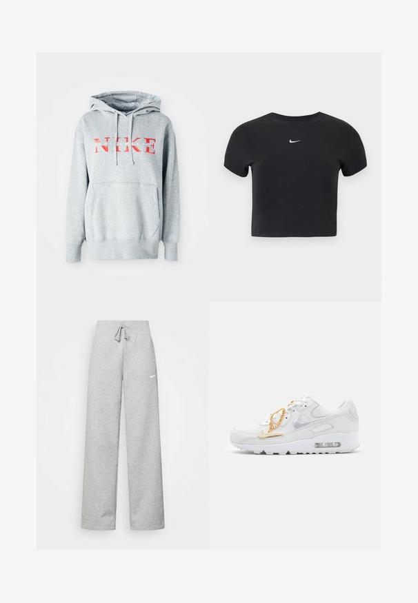 Sweatshirt gris avec capuche, arborant "NIKE" en texte rouge en gras et "SPORTSWEAR" en texte blanc plus petit. Comprend une poche kangourou à l'avant.; T-shirt court noir en coton, avec un col rond et des manches courtes. Logo Nike blanc notable sur la poitrine.; Pantalon de survêtement gris avec une taille élastique, un détail de cordon de serrage et un petit logo Nike blanc sur la cuisse gauche. Tissu doux, coupe ample.; Nike Sportswear AIR MAX 90 - Baskets basses - summit white/dark beetroot/white/metalic gold