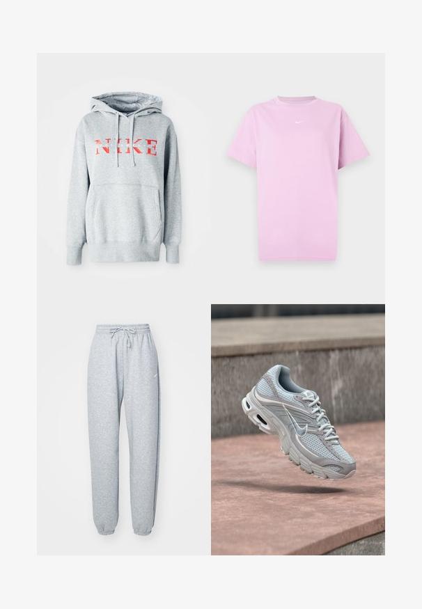 Grauer Hoodie mit Kapuze, der "NIKE" in fettem roten Text und "SPORTSWEAR" in kleinerem weißen Text zeigt. Enthält eine frontale Kängurutasche.; Rosa kurzärmeliges Nike T-Shirt mit Rundhalsausschnitt und kleinem weißen Nike-Swoosh-Logo, das zentral auf der Brust platziert ist.; Hellgraue Sweatpants aus einem weichen Baumwollmix, mit einem elastischen Bund und Kordelzug, tapered Beinen und gerippten Bündchen. Minimales Branding.; Hellgrauer und weißer Nike-Laufschuh mit Mesh-Oberfläche und gepolsterter Sohle, schwebt in der Luft vor einem Hintergrund aus Betontreppen.