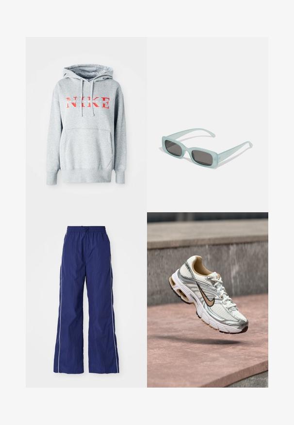 Hall gray sviiter kapuutsiga, millel on julgelt punases kirjas "NIKE" ja väiksemates valgetes tähtedes "SPORTSWEAR". Käterätik on varustatud ees oleva kangaroo-taskuga.; Tumesinine, kerge, laiade jalgadega püksid elastse vöö ja nööridega, millel on valged külgtriibud ja kortsus tekstuur.; Valge ja hõbedane Nike jooksujalanõu beeži Swoosh logoga, nähtav õhus kivipinna kohal, taustal ähmane hall sein.; Kaks ümmargust päikeseprilli, millel on helesinised poolläbipaistvad raamid ja tumehallid objektiivid, sirged tempud ja minimaalsete detailidega riistvara.