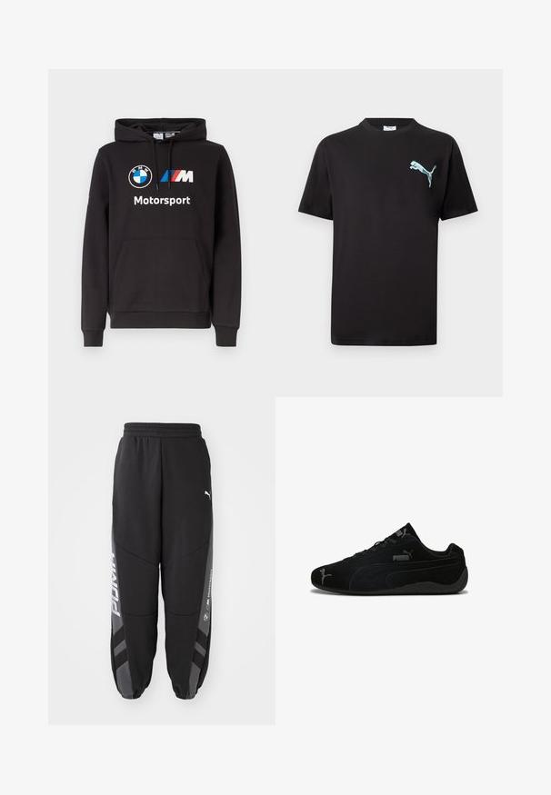 Sweat à capuche noir avec poche ventrale, logo rond BMW, logo bande M bleu-rouge, et texte "Motorsport" sur la poitrine.; T-shirt noir à manches courtes avec petit logo Puma bleu clair sur la poitrine gauche, sur fond blanc.; Pantalons de jogging noirs en matériau doux. Comprend une taille élastique, des jambes fuselées, des accents gris et des logos blancs sur les côtés.; Baskets en suède noir avec un profil bas. Présentent un design texturé, une semelle en caoutchouc noir et des accents du logo Puma en argent.