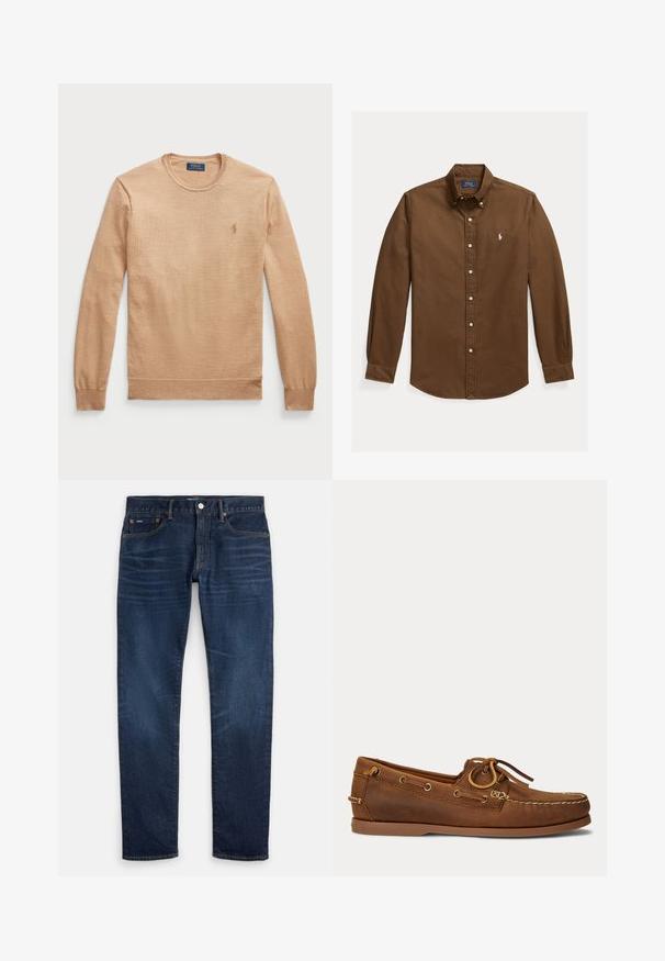 Pull beige à manches longues avec col rond, fabriqué dans un tissu texturé. Présente un logo brodé sur la poitrine gauche.; Chemise marron à manches longues avec boutons, col et logo Polo Ralph Lauren blanc brodé sur la poitrine gauche.; Jean slim bleu foncé avec un léger délavage sur les cuisses, design à cinq poches et fermeture à bouton à la taille.; Chaussure bateau en cuir marron avec couture mocassin, détail du lacet passant dans des œillets métalliques, et semelle plate en caoutchouc vue de profil.