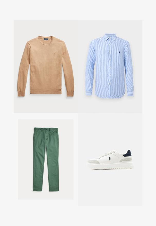 Beige langærmet sweater med rund hals, lavet af et struktureret stof. Har et broderet logo på venstre bryst.; Lyseblå og hvide lodrette stribede langærmet skjorte med knapper foran, knaplukket krave og lille mørkt logo på venstre bryst.; Grønne herrebukser med lige ben, forlommer, bæltestropper og knaplukning, vist fladt på en hvid baggrund.; Hvid lav sneakers med sort hælflap, grå ruskindsdetaljer, tyk sål og sort Polo-logo på ydersiden.
