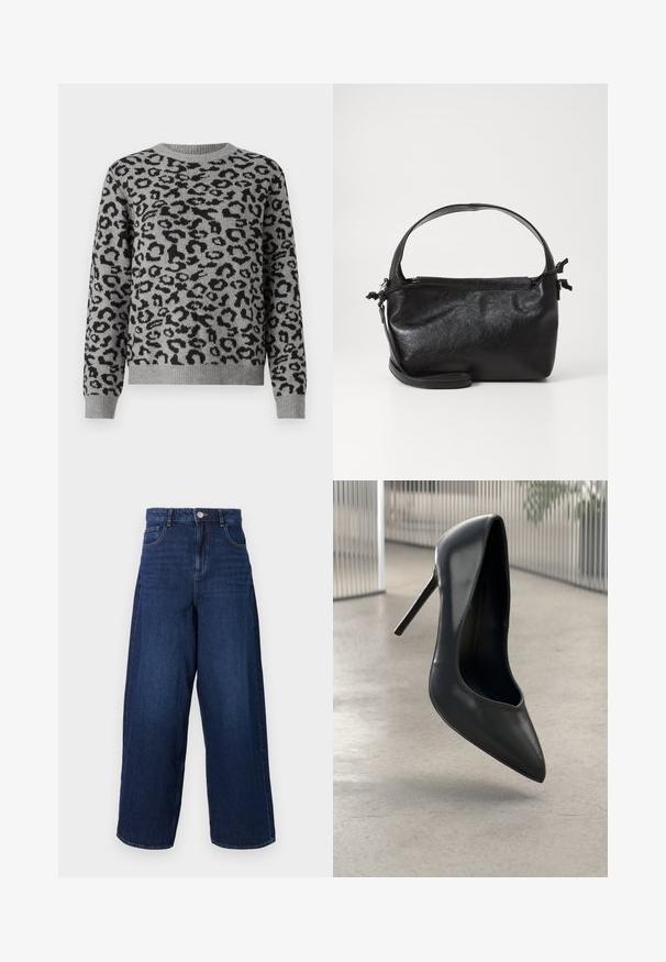 Pull gris avec un motif léopard noir. Il présente un col rond et des côtes aux poignets et à l'ourlet. Fabriqué en matière tricotée douce.; Jean en denim bleu foncé à jambes larges, taille haute, cinq poches et fermeture à bouton. Le tissu a une texture lisse avec un léger délavage.; Escarpin noir en cuir verni à talons hauts avec bout pointu, au design élégant et sans hardware visible. Texture lisse et style minimaliste.; Sac à main en cuir noir au design structuré, avec une poignée arrondie et une bandoulière amovible. Présente une texture lisse et un éclat subtil.
