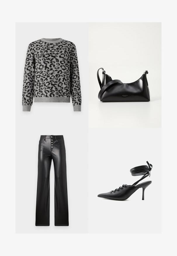 Grå sweater med et sort leopardprintmønster. Har en rund hals og ribbestrikkede manchetter og kant. Fremstillet af blødt strikkemateriale.; ONLY ONLSMOOTH - Bukser - black; Sort spids sko med høje hæle, snørelukning foran og omlægning omkring anklerne bundet med sløjfe, vist fra siden på hvid baggrund.; Sort læderhåndtaske med en glat tekstur. Har en justerbar stropp og et enkelt, minimalistisk design med lynlås.