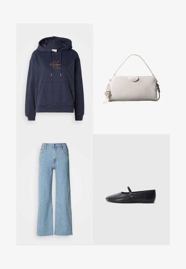 Sudadera de algodón azul marino con un bolsillo frontal tipo canguro, cordones ajustables y un logotipo dorado de Calvin Klein impreso en el pecho.; Vaqueros de pierna ancha en azul claro, fabricados en denim, con una cintura ajustada, diseño de cinco bolsillos y sutiles detalles de costura.; Bailarinas de cuero negro con punta afilada, suela plana y una pequeña correa con detalle de hebilla plateada.; Bolso rectangular blanco de Calvin Klein con un solo asa, diseño minimalista y borlas decorativas con un charm metálico geométrico en el lateral.