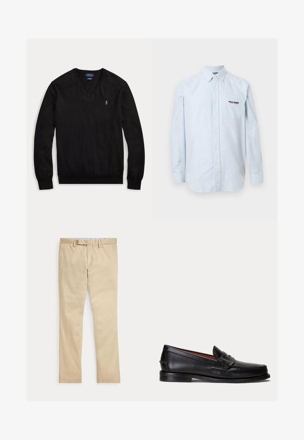 Schwarzer Langarm-V-Ausschnitt-Pullover mit kleinem weißem, besticktem Logo auf der linken Brust sowie gerippten Bündchen und Saum.; Hellblau-weiß gestreiftes, langärmliges Hemd mit Knöpfen, knöpfbarem Kragen und "Polo Sport Ralph Lauren" Logo auf der Brusttasche.; Beige gerade Hose mit Gürtelschlaufen und einem vorderen Reißverschluss, flach auf weißem Hintergrund gelegt.; Schwarzer Lederloafer mit niedrigem Absatz und Pennyriemendetail, von der Seite auf hellgrauem Hintergrund gezeigt.