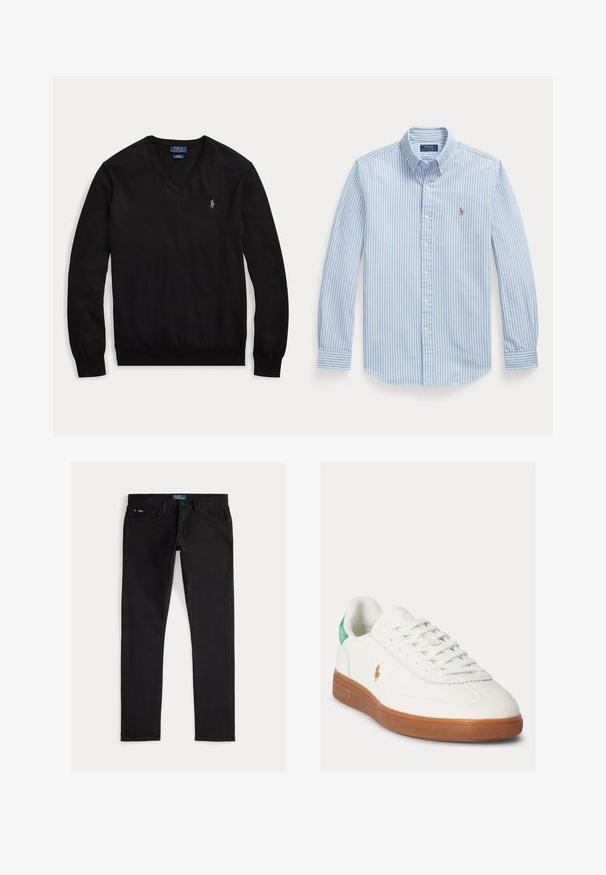 Pull noir à manches longues col en V avec un petit logo blanc brodé sur le côté gauche de la poitrine et des poignets et un ourlet côtelés.; Chemise bleu clair à manches longues avec des rayures verticales blanches et un petit logo Polo Ralph Lauren brodé sur la poitrine gauche.; Jean en denim noir à coupe slim, doté de cinq poches, passants de ceinture, et d'une étiquette de marque bleue sur la ceinture. Tissu lisse et durable.; Baskets blanches à lacets avec semelle en caoutchouc marron, languette de talon verte et petit logo doré de joueur de polo sur le côté extérieur.