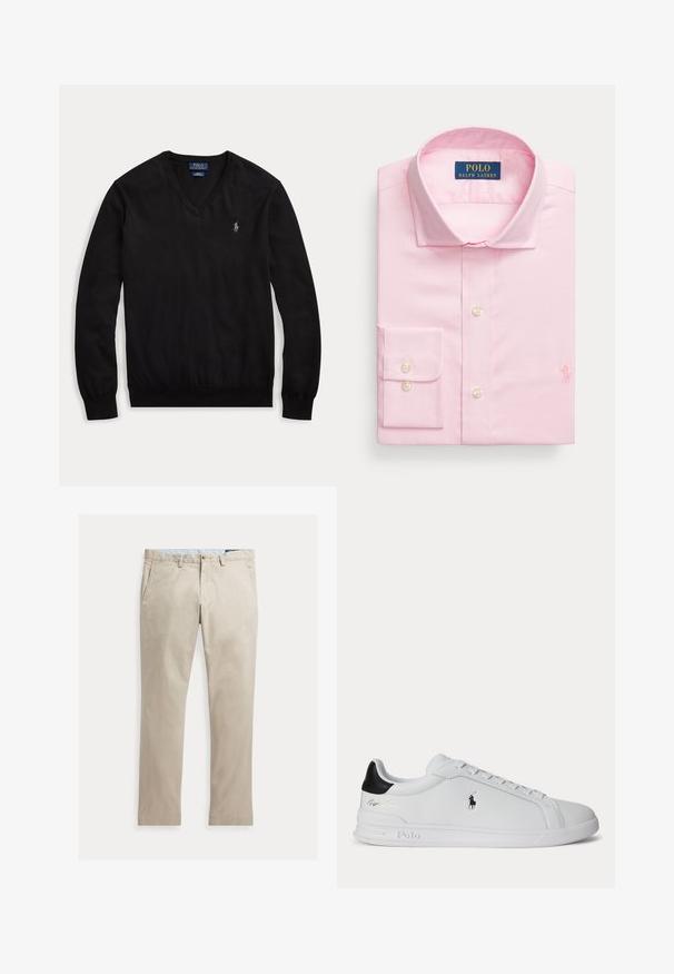 Schwarzer Langarm-V-Ausschnitt-Pullover mit kleinem weißem, besticktem Logo auf der linken Brust sowie gerippten Bündchen und Saum.; Rosa Hemd mit strukturiertem Kragen, ausgestattet mit einer Tasche mit Knopfdetail und dem auf der Brust eingestickten Polo Ralph Lauren-Logo.; Beige Baumwollhose mit geradem Bein, Fronttaschen, Gürtelschlaufen, Knopfverschluss und Reißverschluss, flach auf weißem Hintergrund dargestellt.; Weißer Sneaker mit niedrigem Schaft, schwarzem Fersenlasche, Schnürsenkeln und Polo Ralph Lauren Logo an der Seite, mit geprägten Sohlen-Details.