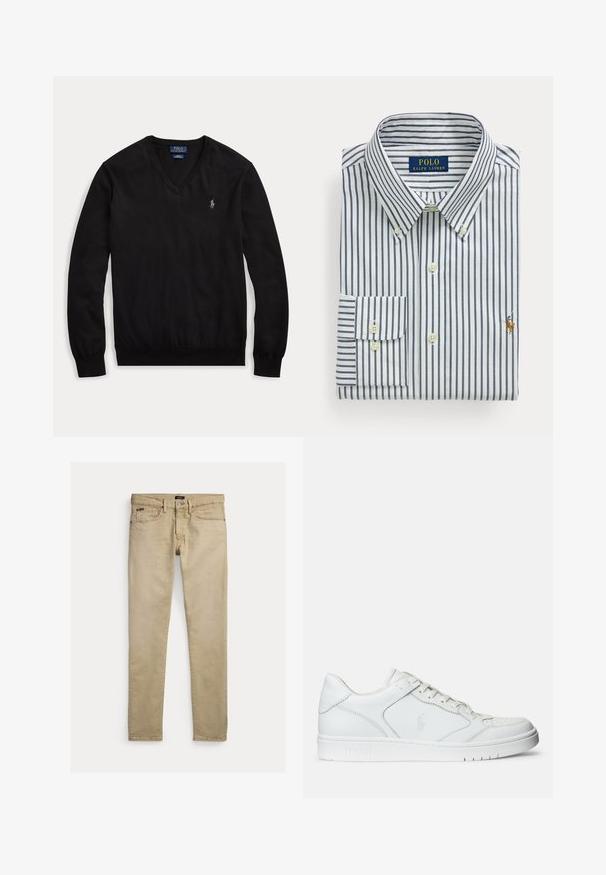 Schwarzer Langarm-V-Ausschnitt-Pullover mit kleinem weißem, besticktem Logo auf der linken Brust sowie gerippten Bündchen und Saum.; Gefaltetes weißes Hemd mit marineblauen vertikalen Streifen, Button-Down-Kragen und Polo Ralph Lauren-Logo auf der Brust gestickt.; Beige, schmal geschnittene Hose mit Vordertaschen, Gürtelschlaufen und Knopfverschluss, flach auf weißem Hintergrund liegend.; Weißer Ledersneaker mit glatter Textur, ausgestattet mit einer perforierten Zehenpartie, Schnürverschluss und gesticktem Logo an der Seite. Weiße Gummisohle.